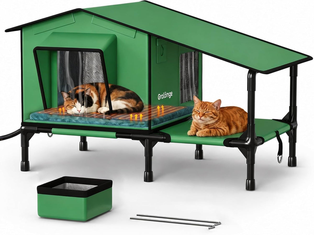 Heated Outdoor Cat House with Terrace & Feeding Bowl