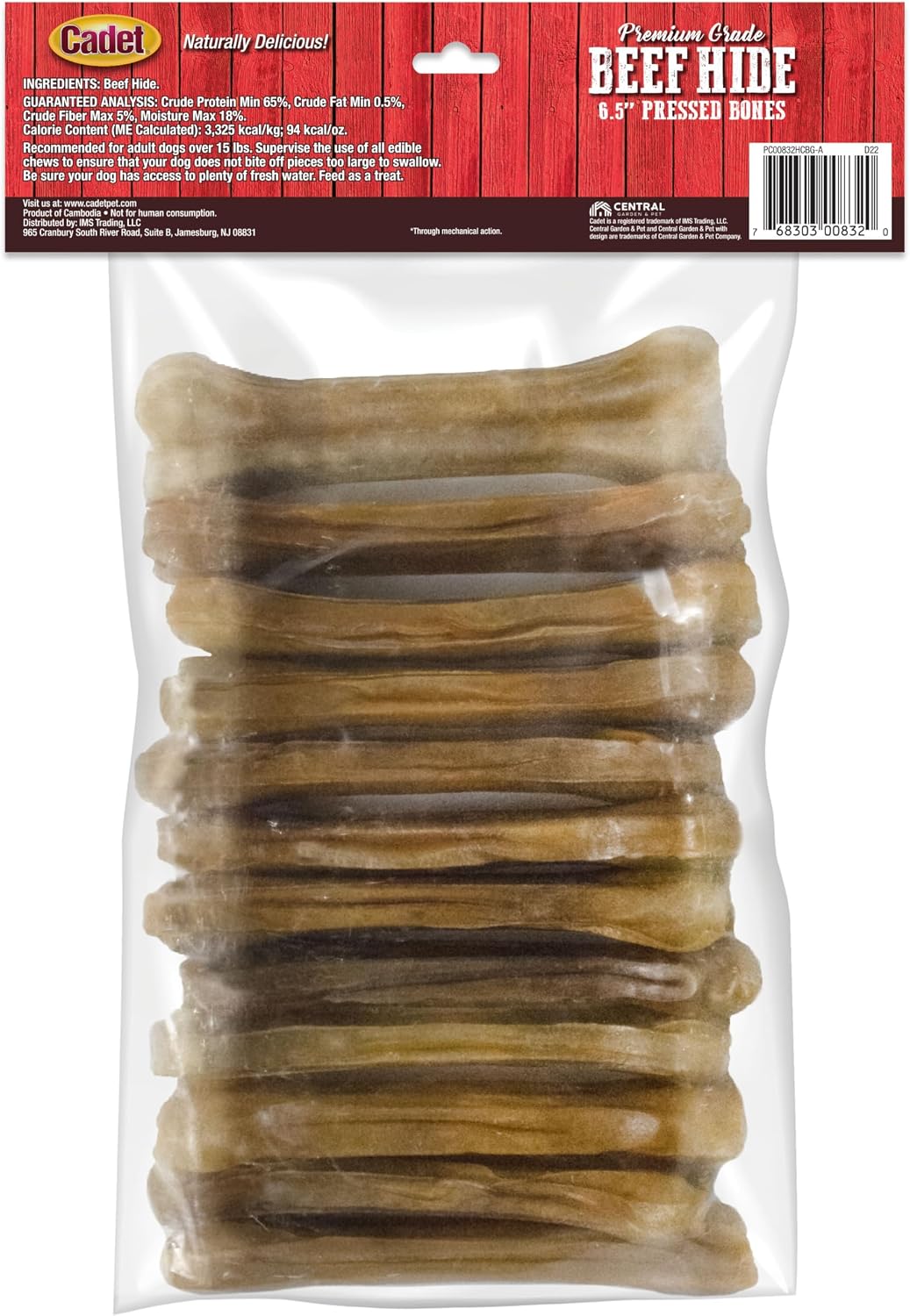 Huesos de piel de res prensada Cadet de 6.5" para perros, masticables duraderos, paquete de 12 unidades