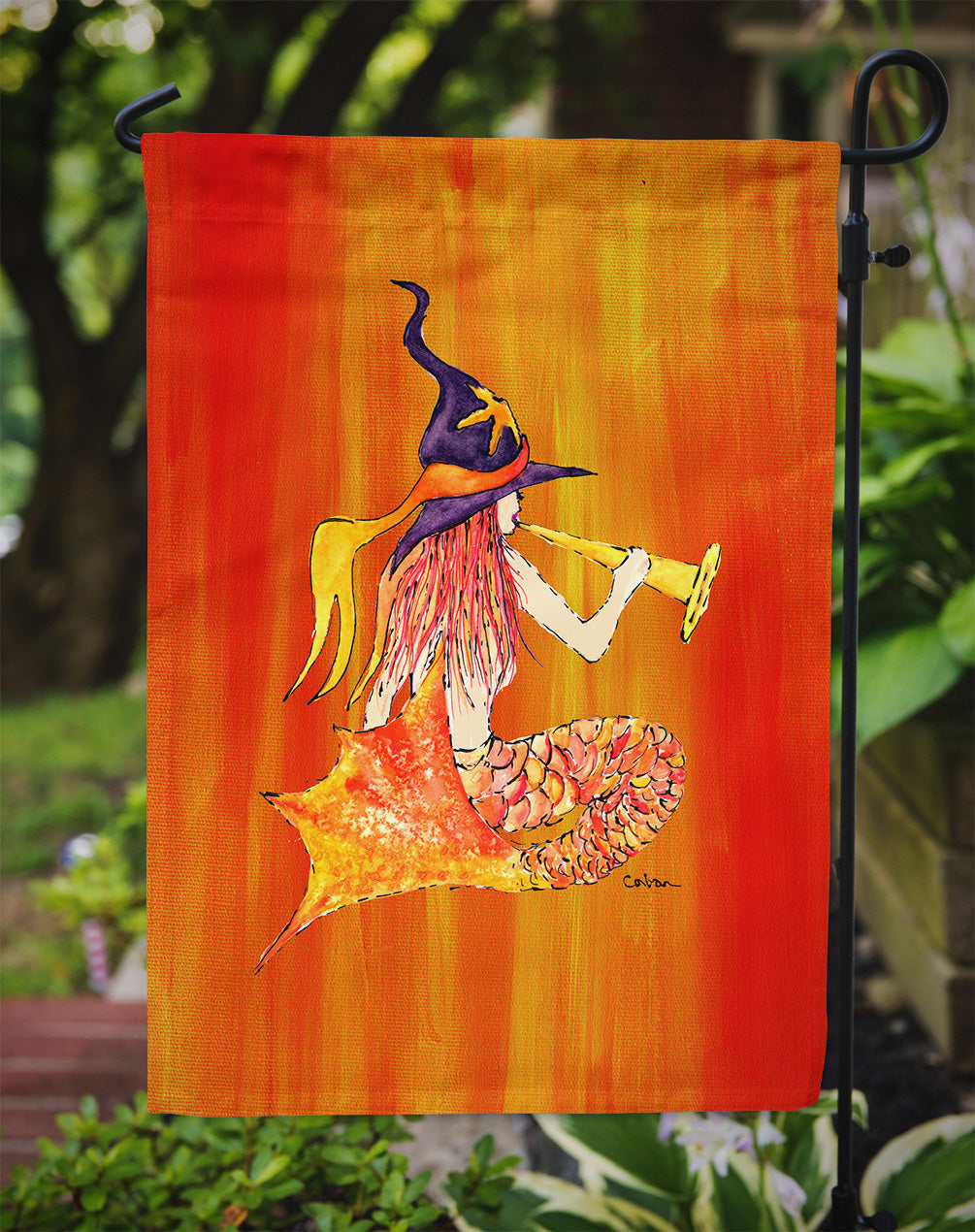 Mermaid in Witches Hat Halloween Garden Flag – Decorative Outdoor Yard Flag