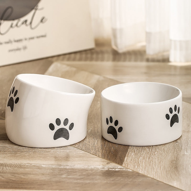 Drinking Water Neck Protection Pet Ceramic Oblique Mouth High Foot Food Basin