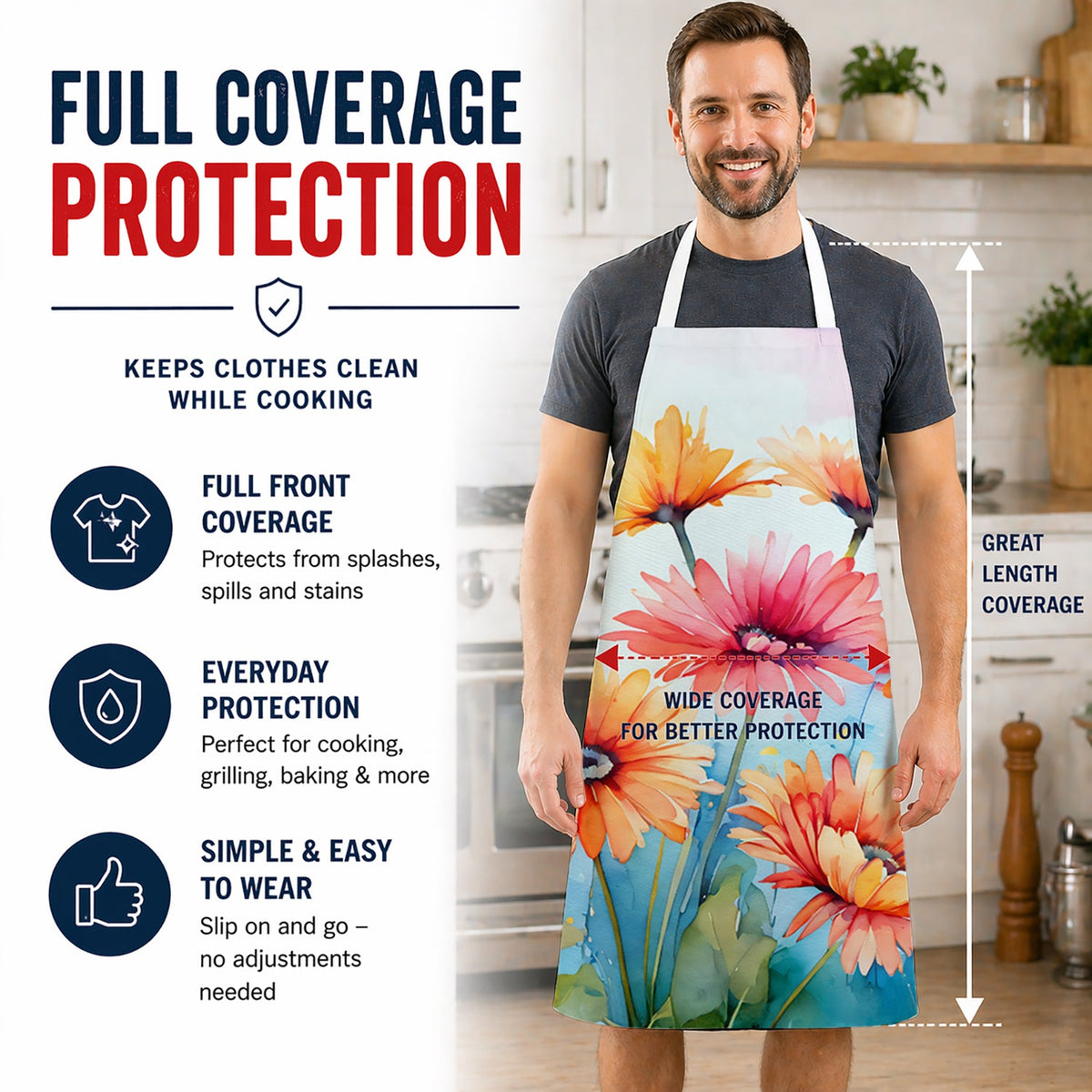 Gerbera Daisies in Watercolor Apron Cooking Kitchen Server Baking Crafts Gardening for Adult Women Men, Unisex, Large, Multicolor