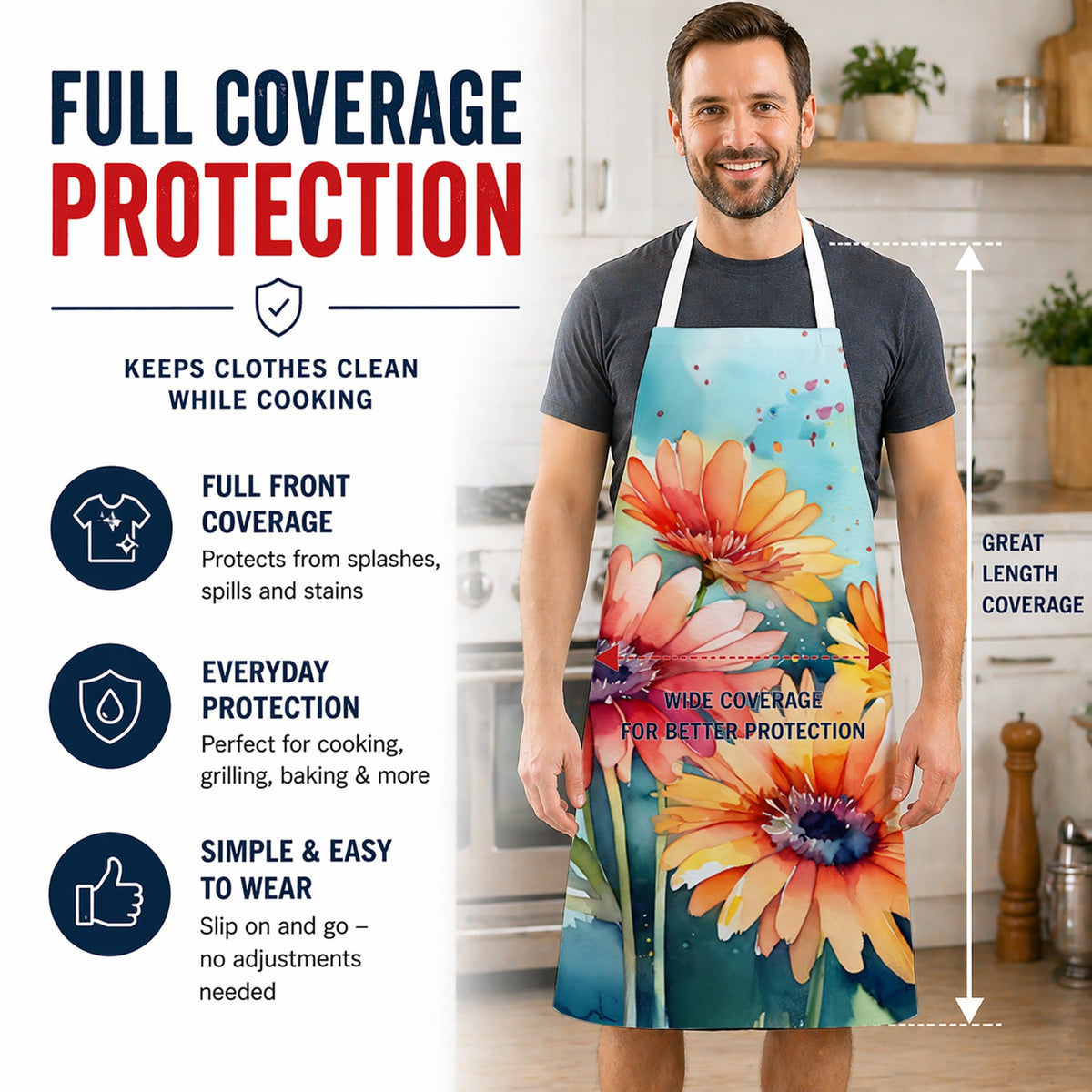 Gerbera Daisies in Watercolor Apron Cooking Kitchen Server Baking Crafts Gardening for Adult Women Men, Unisex, Large, Multicolor