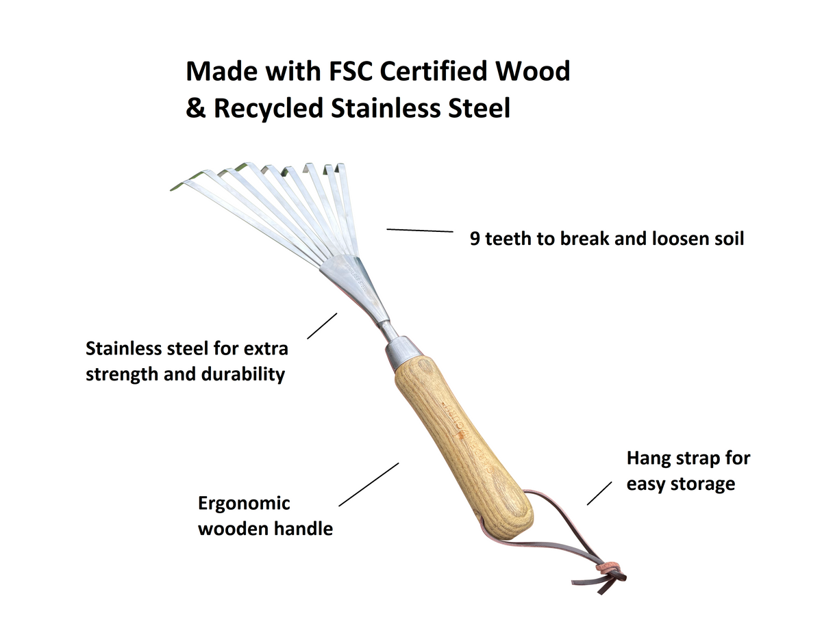 Stainless Steel Garden Hand Rake (classic wood handle)
