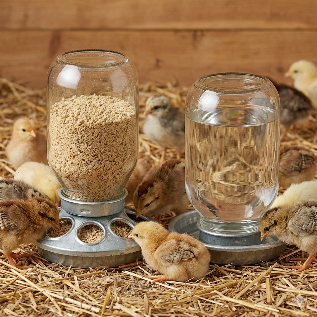 Mason Jar Baby Chick Feeder & Waterer Set - Galvanized Base with Glass Jar Bundle