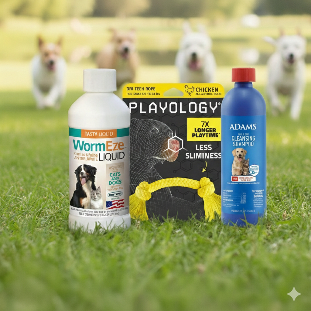 Dog Deworming & Flea Care Bundle WormEze 8oz + Adams Flea & Tick Shampoo 12oz + Chicken Rope Toy – Wholesale Bundle!