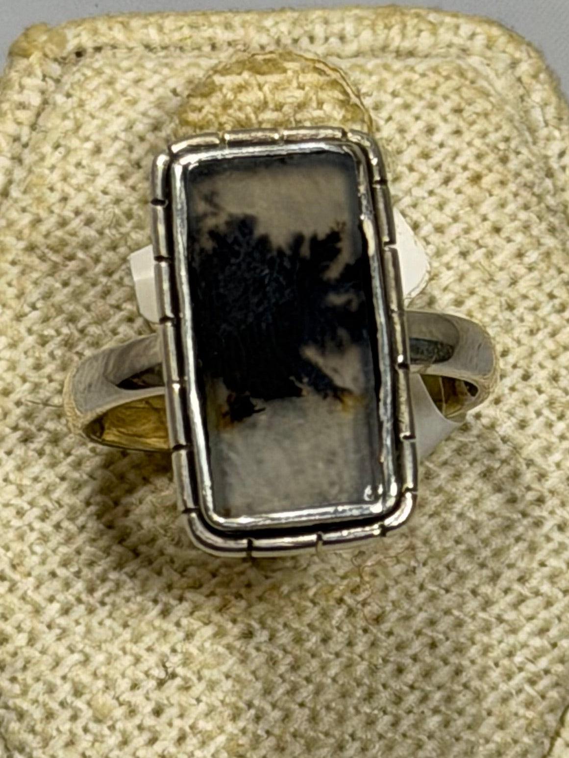 Anillo de ágata arboleda de talla rectangular - Plata de ley - Talla 6
