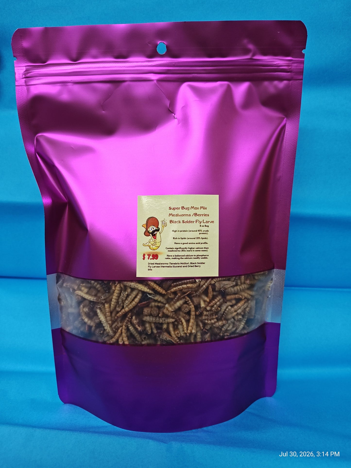 Super Bug Max Mix (Mealworms ,BSFL, Berries) 8 oz Resealable Bag