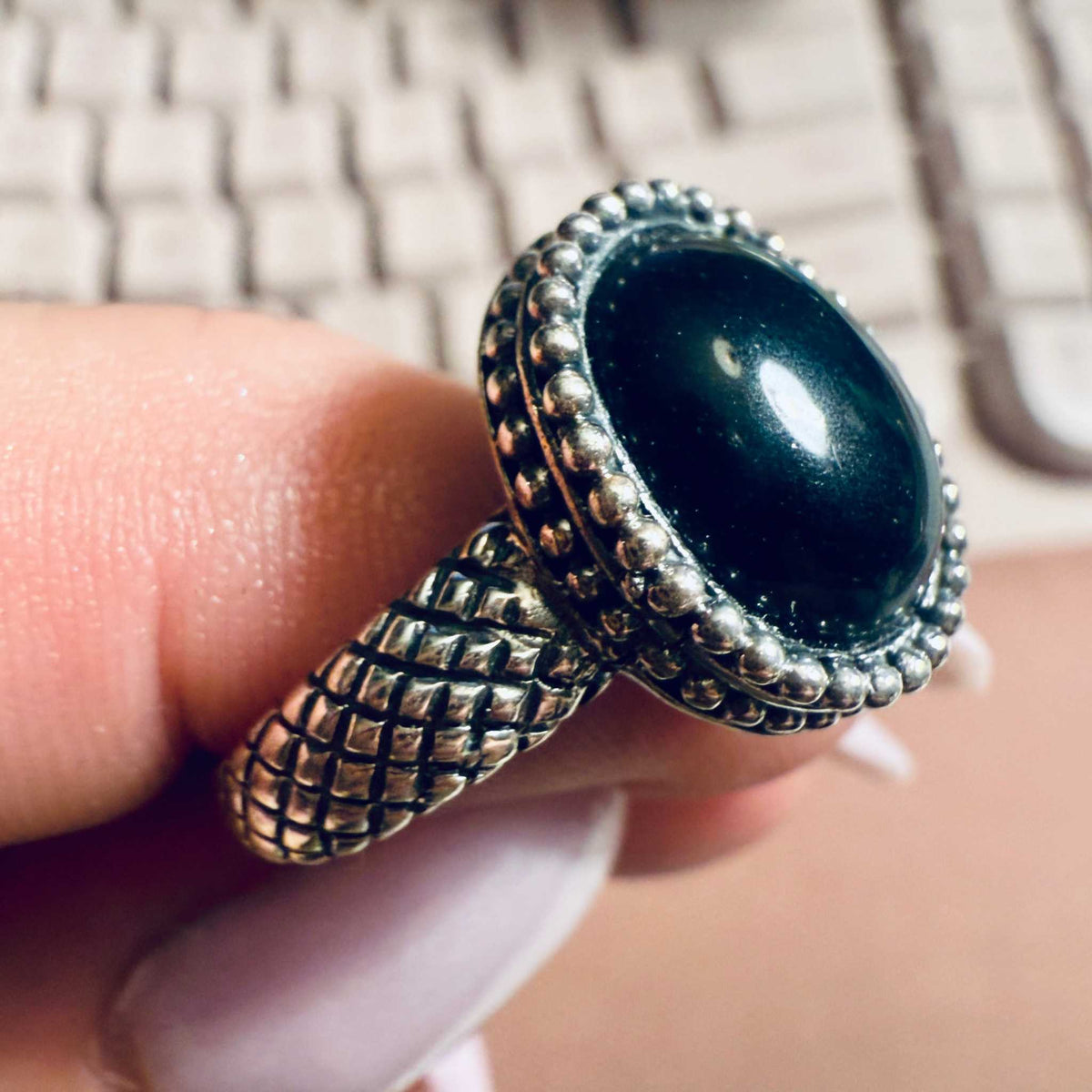 Black Onyx Serpent-Texture Ring – Sterling Silver – Size 9