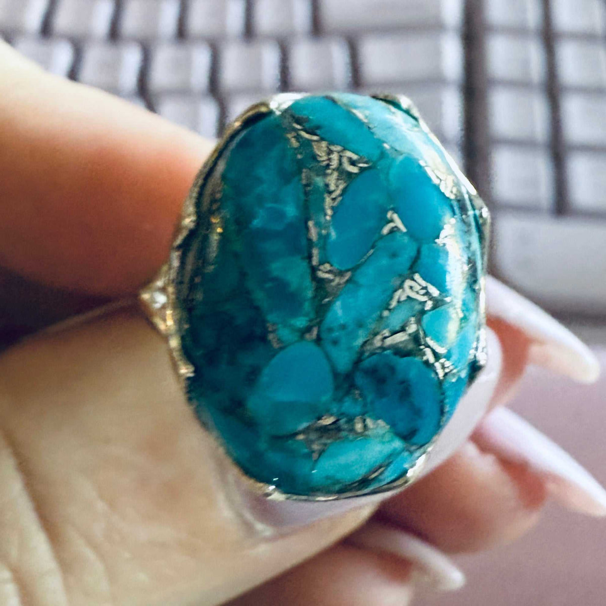 Anillo ovalado de mosaico turquesa - Plata de ley — Talla 7
