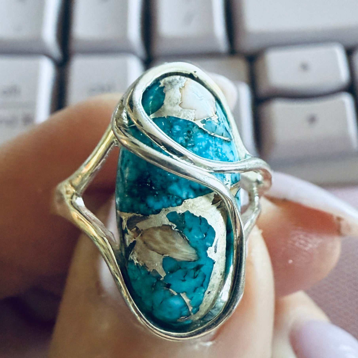 Anillo fluido de turquesa - Plata de ley — Talla 6