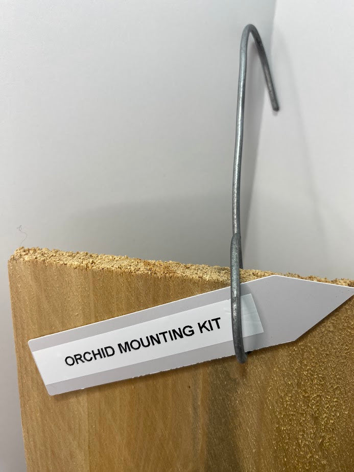 Handmade indoor/outdoor Orchid mount kit on a cedar shingle with a 5-inch mesh pot.