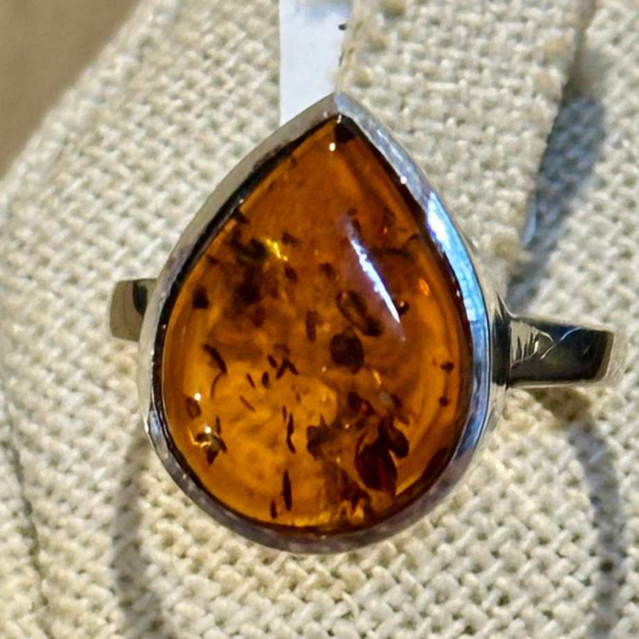Anillo de lágrima de ámbar natural – Plata de ley – Tallas 6, 7, 8, 9