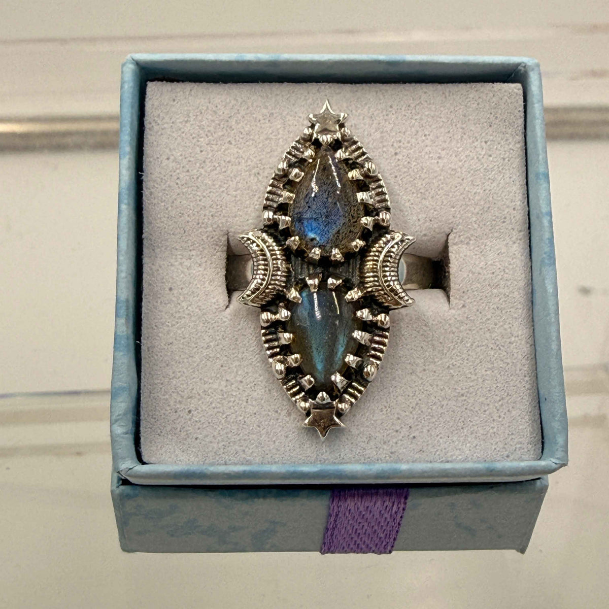 Anillo celestial de plata de ley con labradorita y doble lágrima - Talla 10 - Intuitivo, protector y transformador