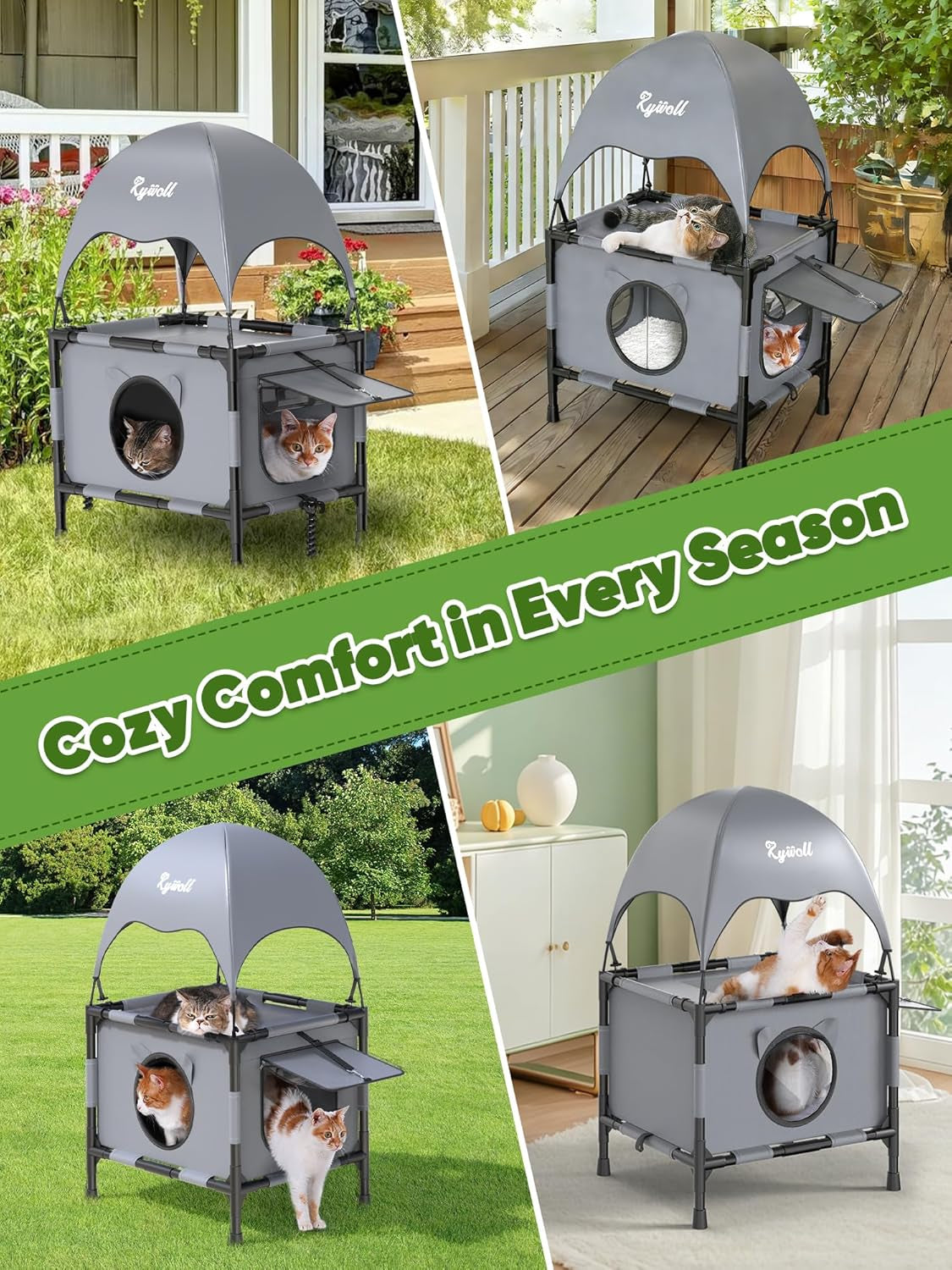 Elevated 2-Tier Outdoor Cat House with Canopy, Mesh Sides & Reversible Pad