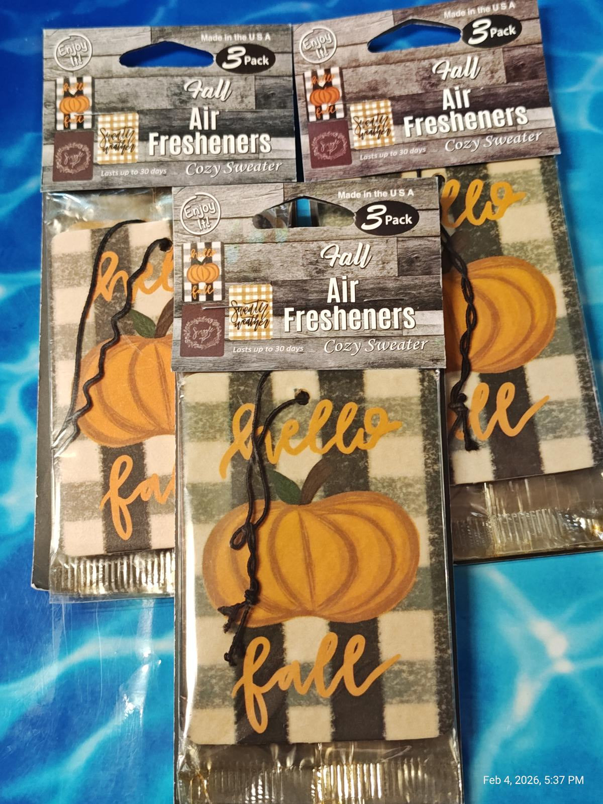 Hello Fall (Cozy Sweater) Air Fresheners (3) 3 Packs Brand New 9 Total
