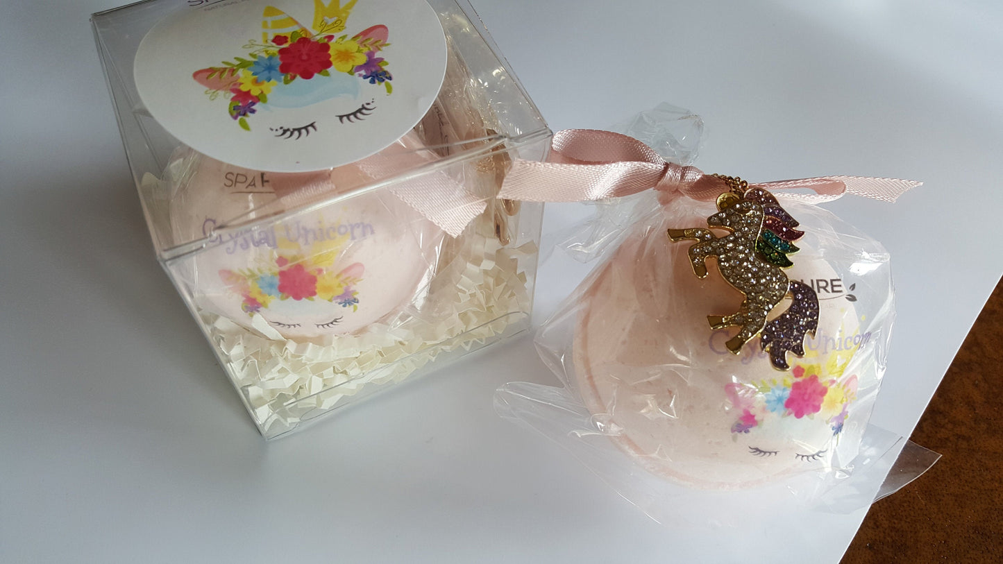 Crystal Unicorn Bath Bomb for Girls with Crystal Necklace gift, Surprise Glitter Ring, Gift Idea, Back to School, Rhinestones, rainbow