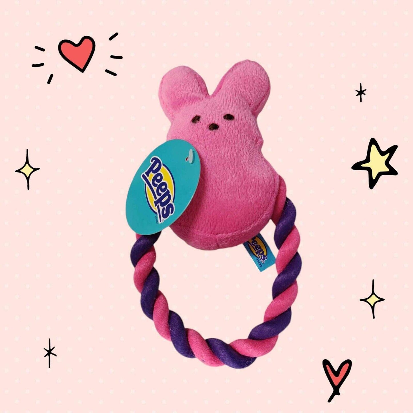 Peeps 5" Plush Pink Bunny Dog Toy With Chew Rope Ring Easter Dog Toy NWT