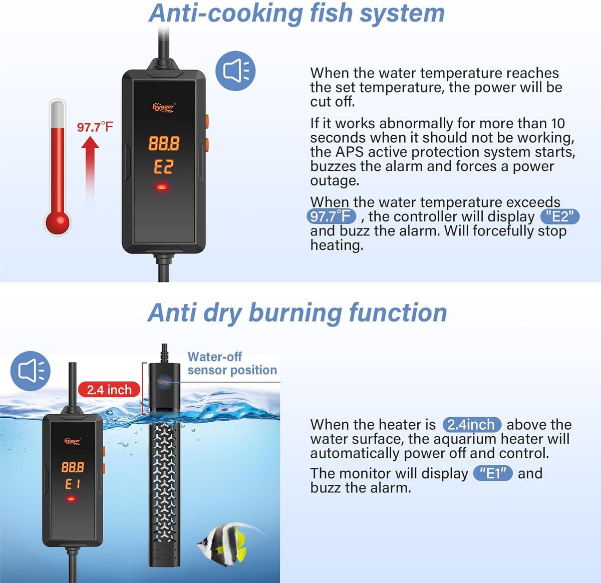 Calentador de acuario hygger de 200W/300W/500W con control de temperatura inteligente