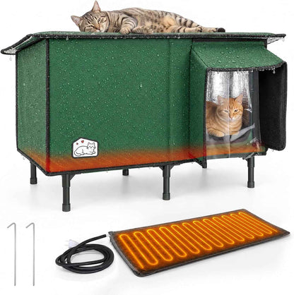 Heated Outdoor Cat House with Slanted Waterproof Roof & Dual Doors