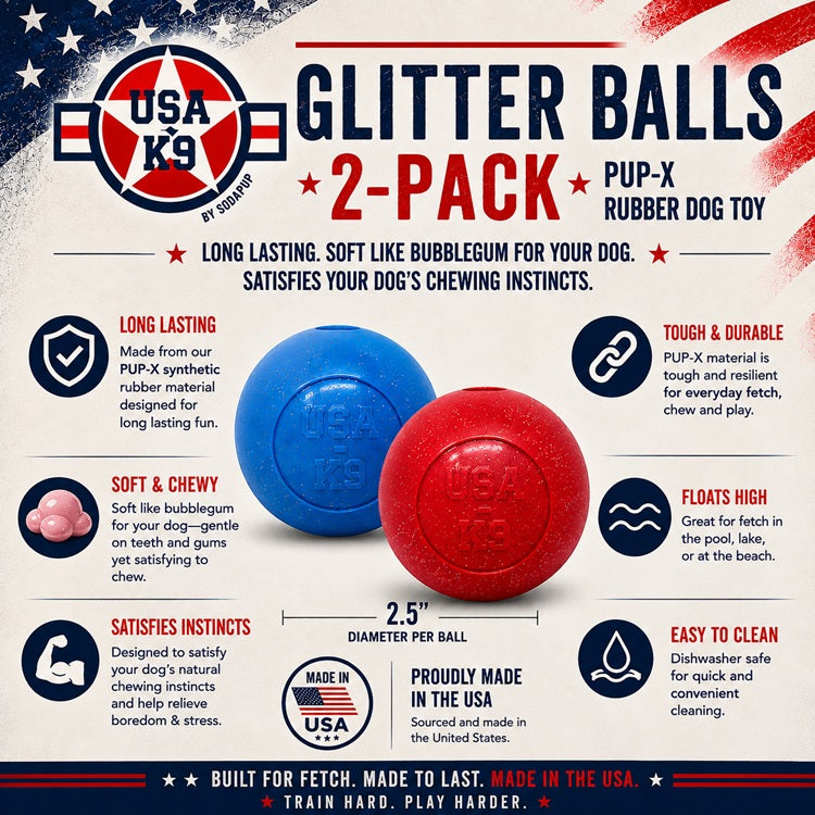 Pack de 2 juguetes para perros Glitter Ball | Pelota de búsqueda flotante de goma suave con dispensador de premios | Fabricado en EE. UU.