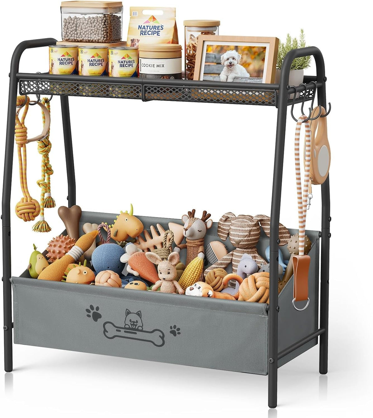 Dog Toy Storage Organizer with Shelf & 6 Hooks