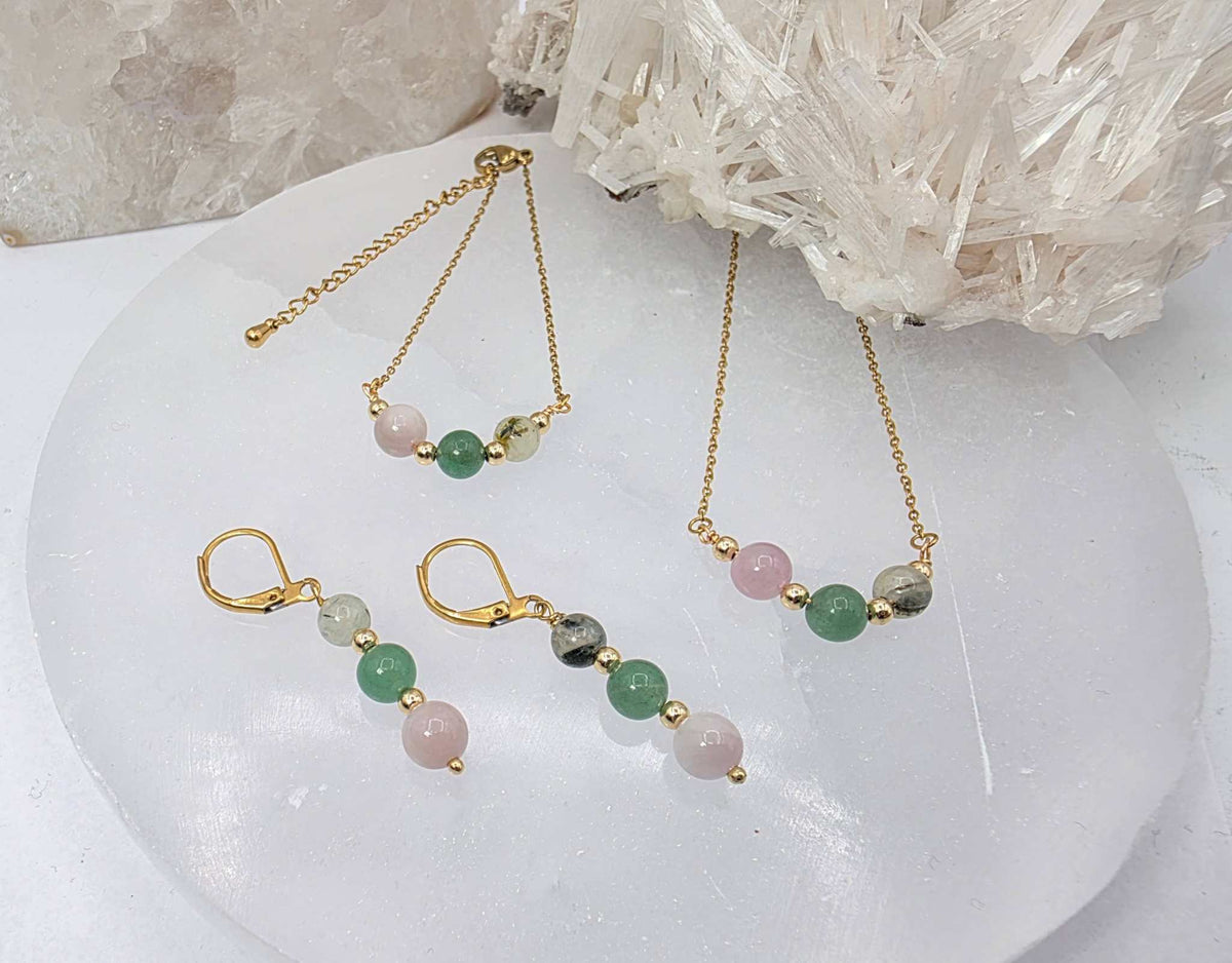 LIDERAR CON AMOR-Conjunto de joyas de kunzita, aventurina verde y prehnita