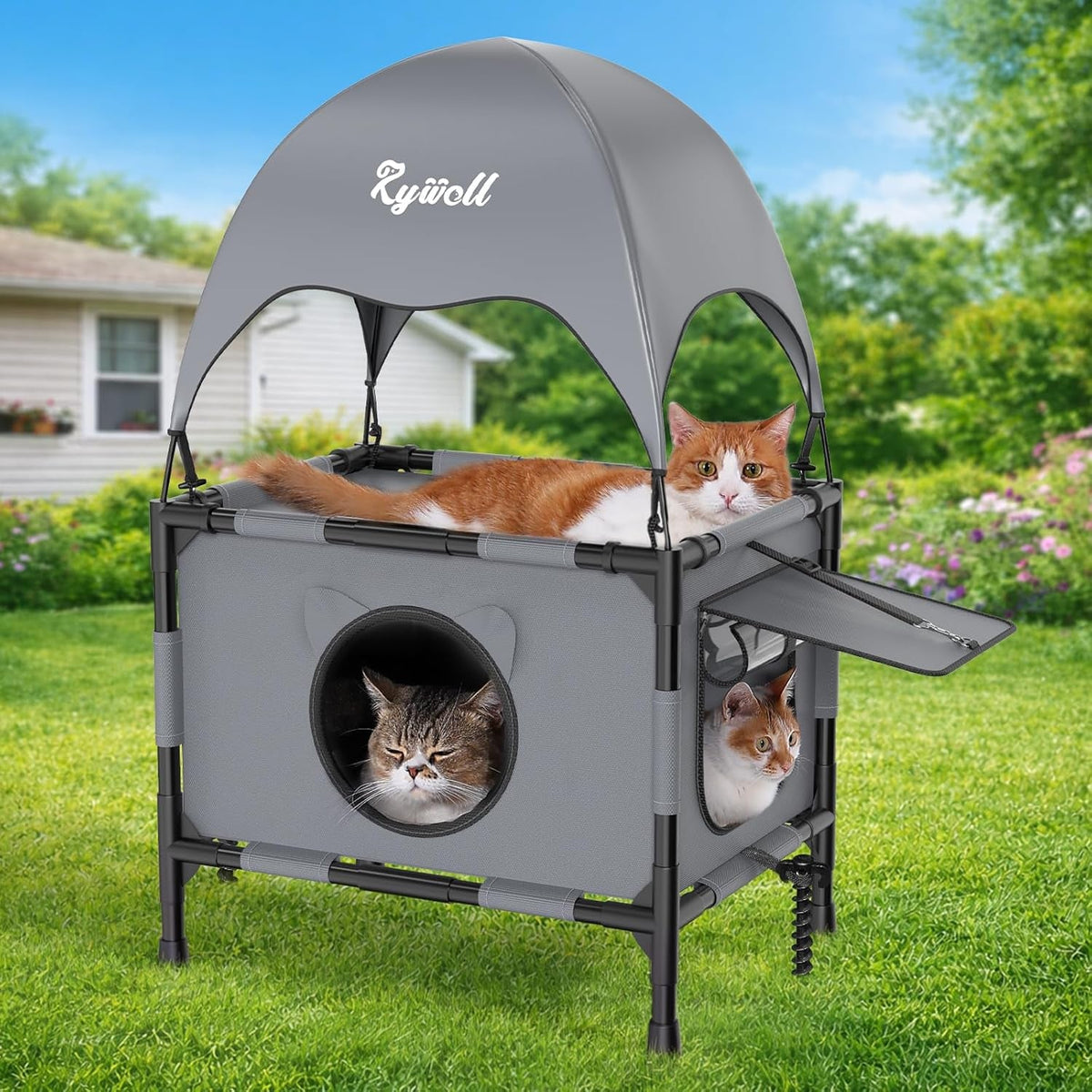 Elevated 2-Tier Outdoor Cat House with Canopy, Mesh Sides & Reversible Pad
