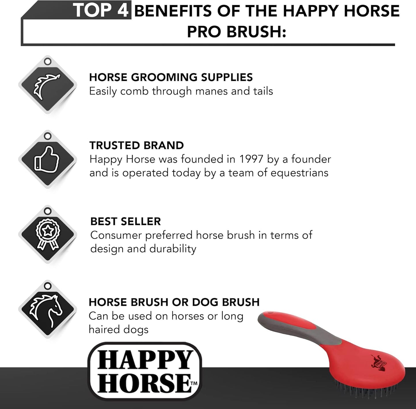 Happy Horse Mane & Tail Brush Red Ball Tip Pin Bristles Detangler Comfort Handle