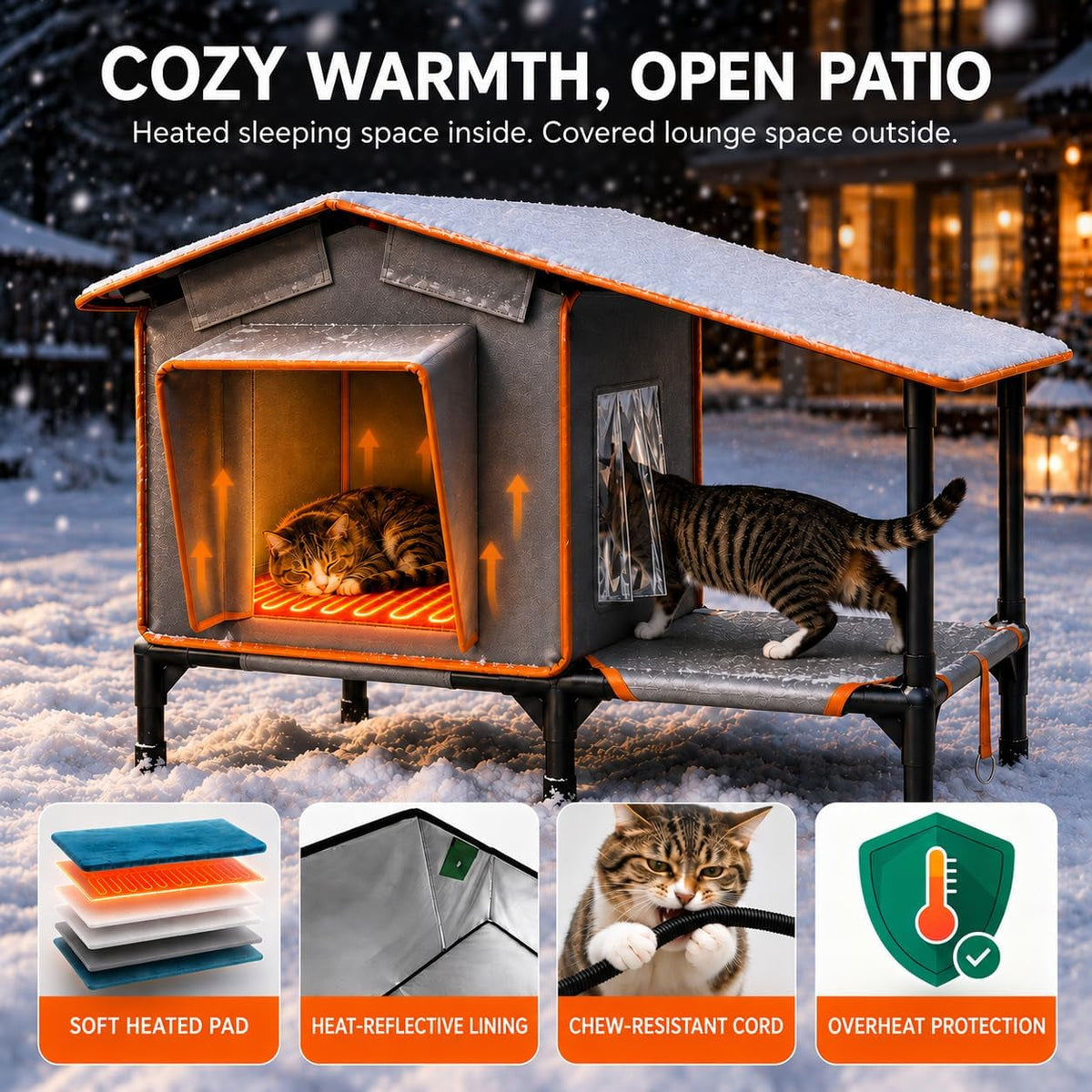 Heated Outdoor Cat House with Terrace & Feeding Bowl