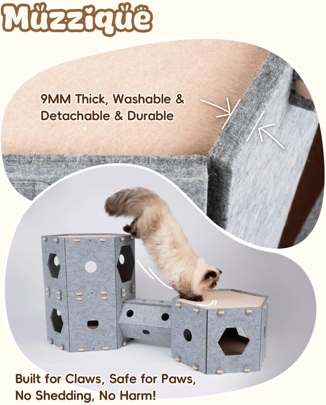 Muzzique Modular Felt Cat House & Tunnel Bed with Cleaning Brush