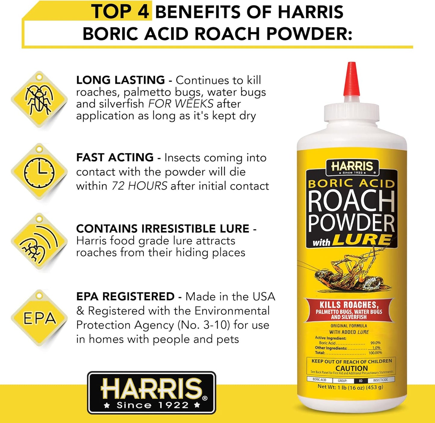 Harris Boric Roach Powder with Lure 16 oz. Puffer for Roaches Silverfish