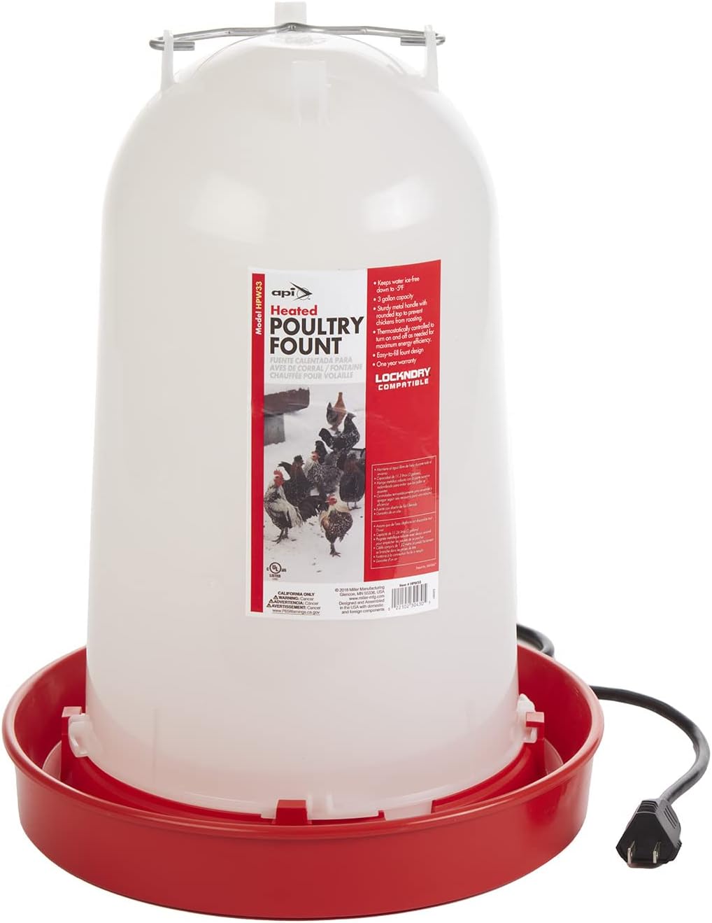API Heated Chicken or Bird Waterer Heated Poultry Waterer, 3 Gallon