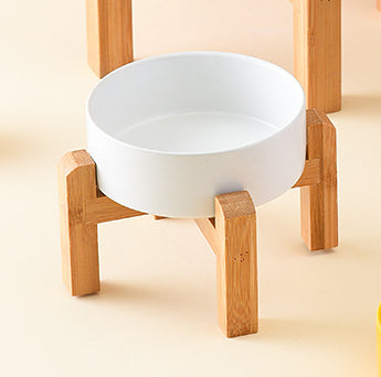 Pet Anti Rollover Ceramic With High Bamboo And Wood Frame Bowl