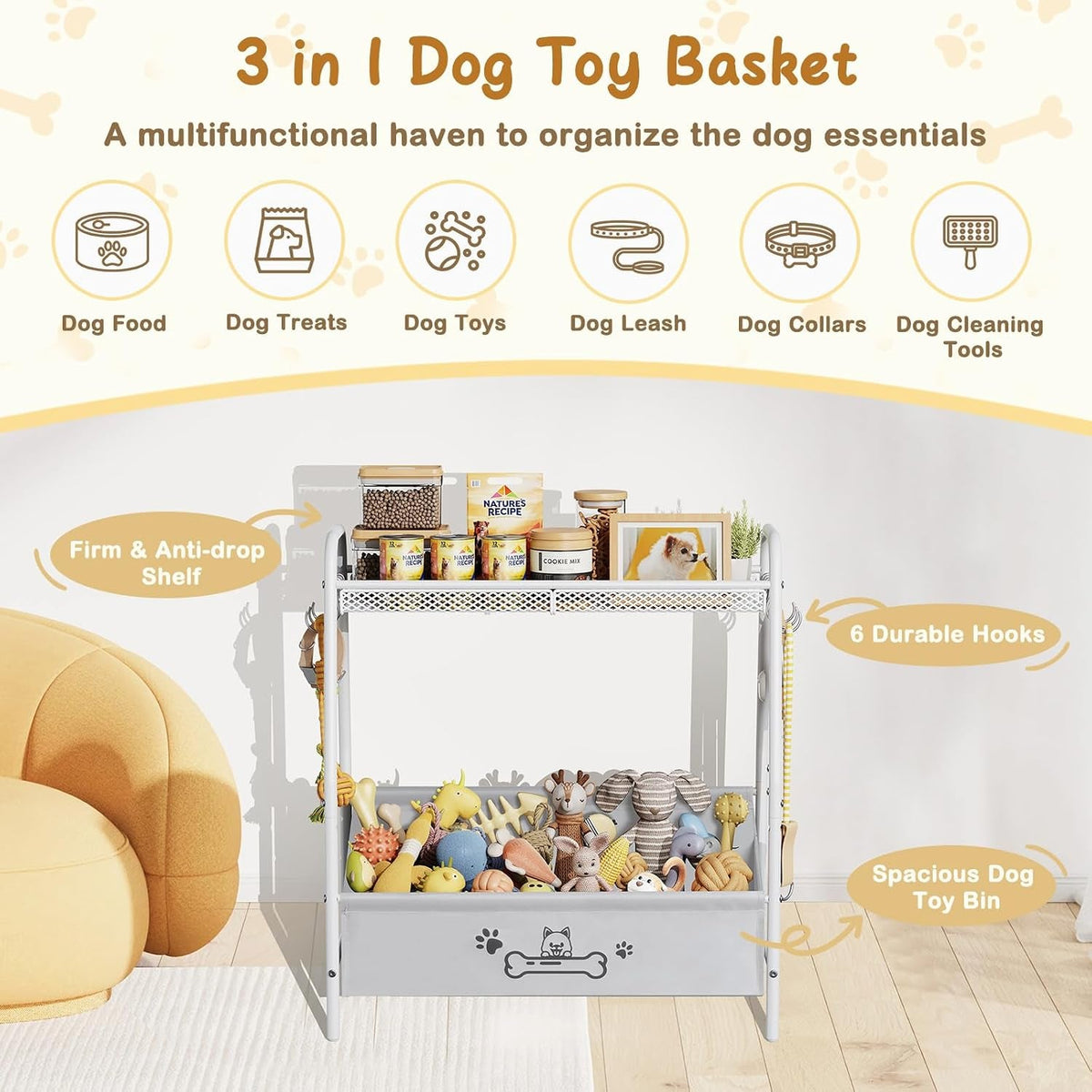 Dog Toy Storage Organizer with Shelf & 6 Hooks