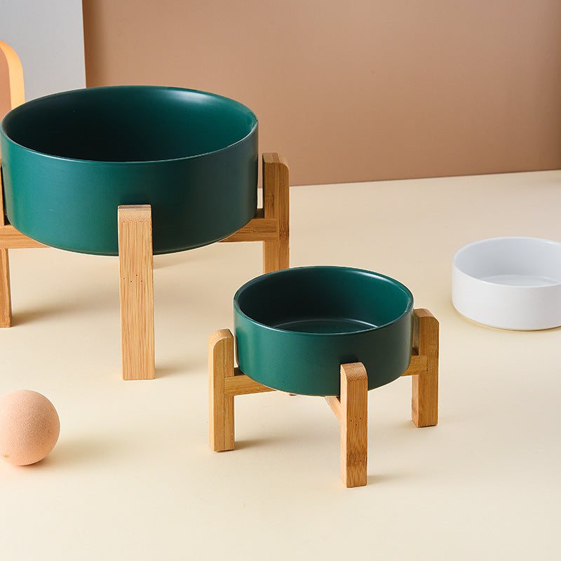 Pet Anti Rollover Ceramic With High Bamboo And Wood Frame Bowl