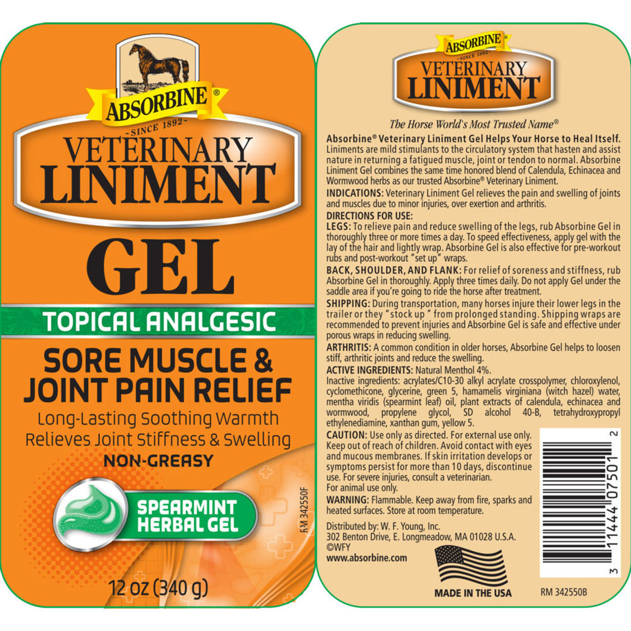 Absorbine Liniment Gel for Horses Soothes Muscles & Joints After Training 12 oz.