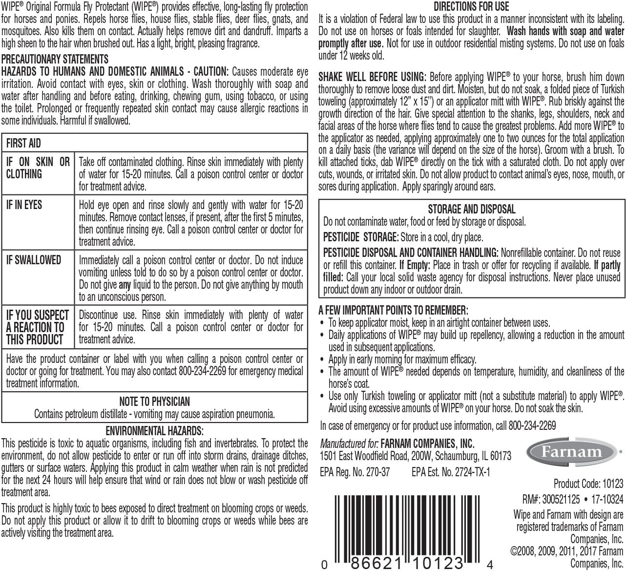 Farnam Wipe Fly Tick Protectant 32 oz. Repels Kills Flies Ticks Horses