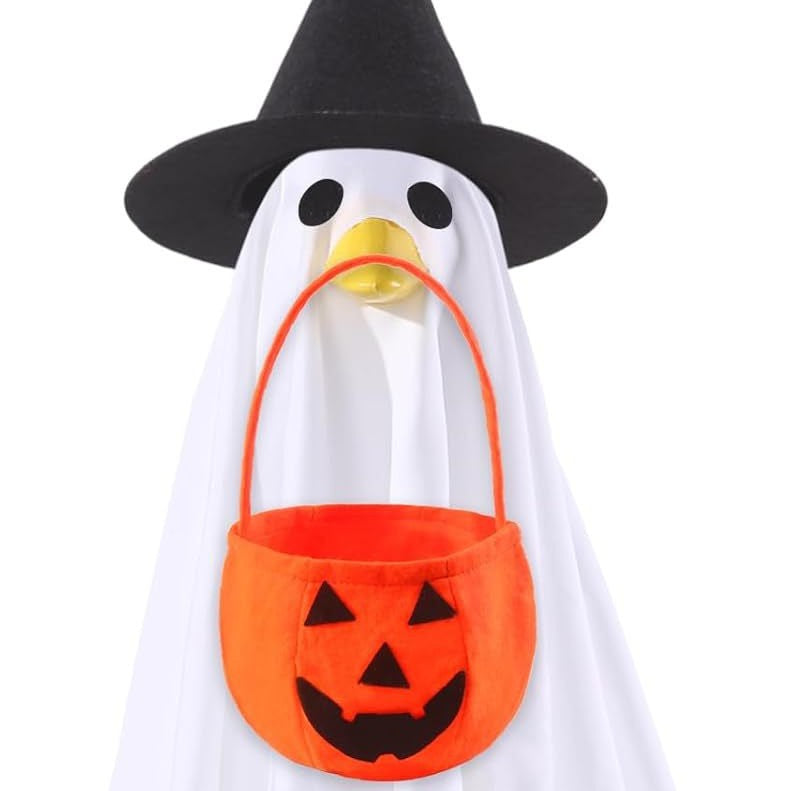 Halloween Fall Porch Goose Outfit, 23in Lawn Goose Cloth Halloween Ghost Pumpkin Costume For Lawn Goose, Patio Yard Art Geese Decor, Thanksgiving Fall Themes Seasonal Accessory