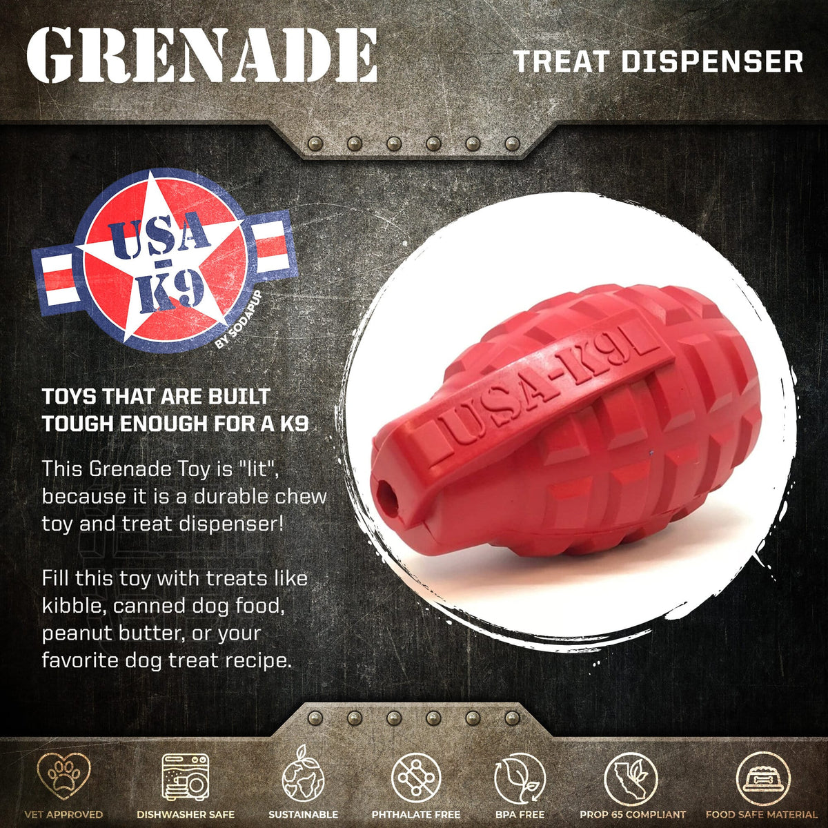 USA-K9 Dispensador con forma de granada, juguete resistente para masticar y dispensador de premios para perros – Verde militar