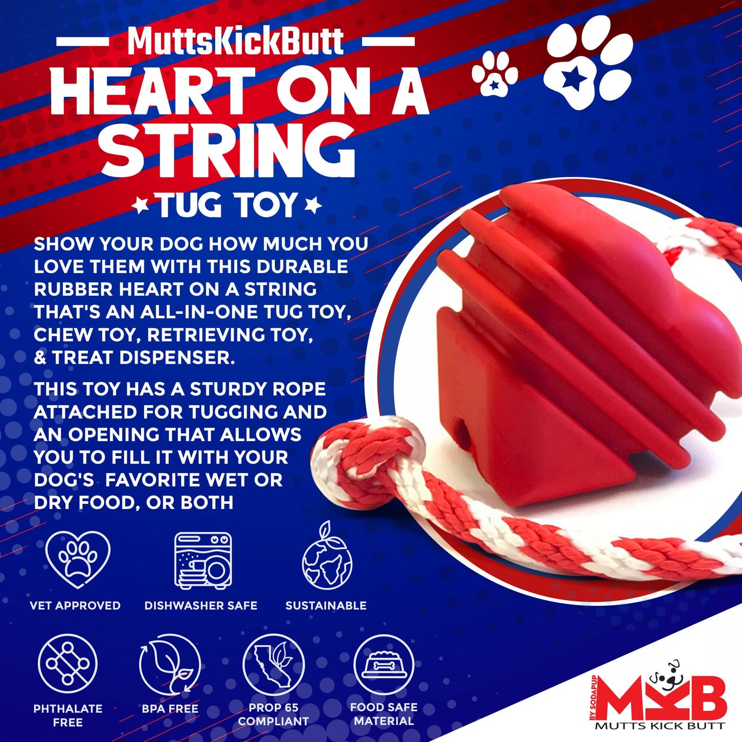 Heart on a String Dog Toy - Durable Rubber Tug Toy for Large Dogs | USA Made