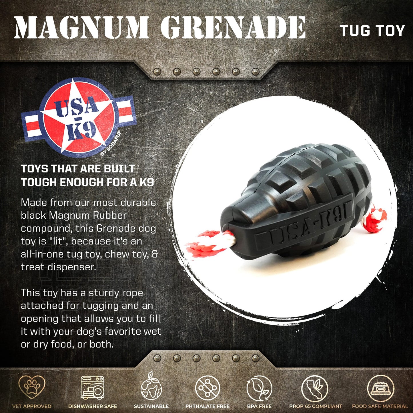 USA-K9 Magnum Grenade - Black Magnum Rubber Chew Toy for Extreme Chewers | USA Made