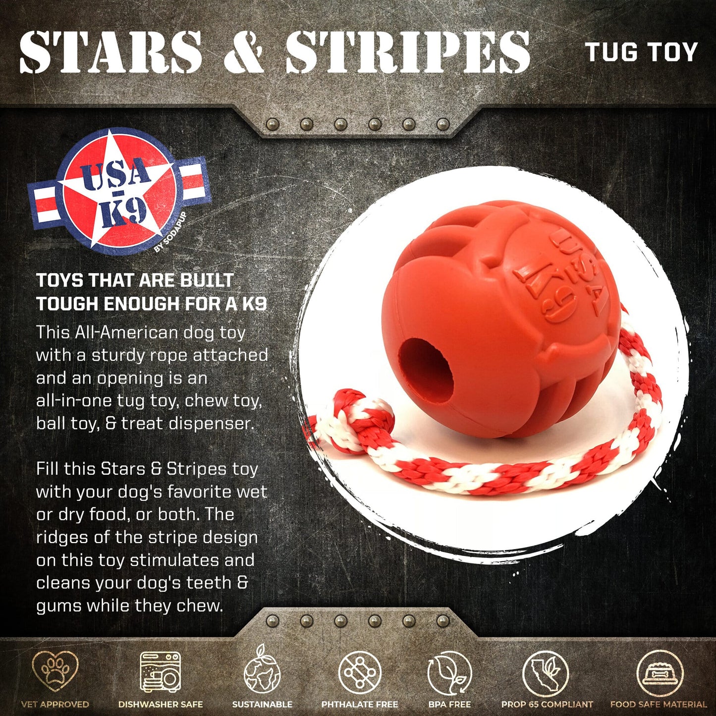 USA-K9 Stars and Stripes Rubber Dog Toy | K9 Handler Reward Toy | Red | USA Made