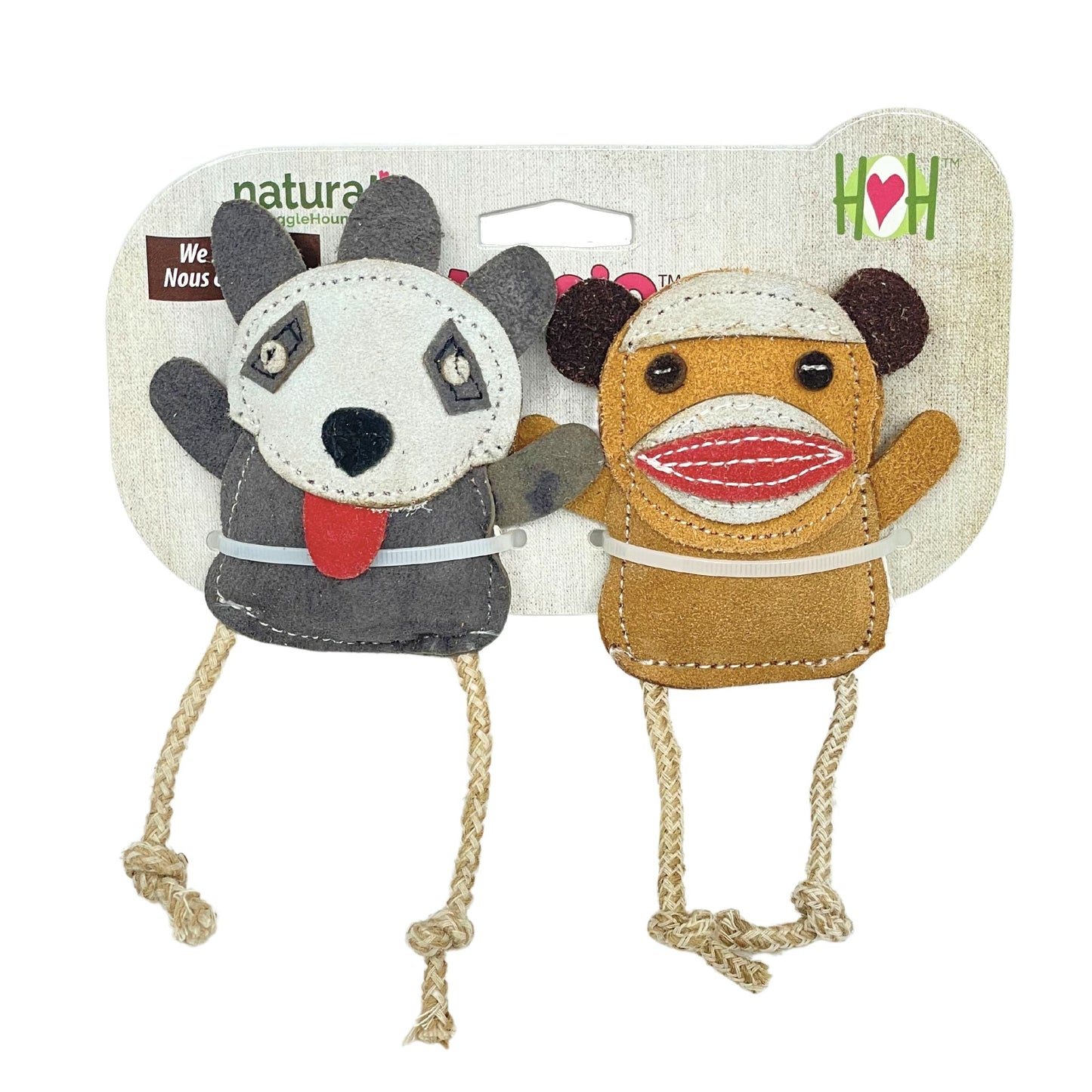 Natural Leather Wee Buddies Sock Monkey & Raccoon Dog Toys, 2 Pack