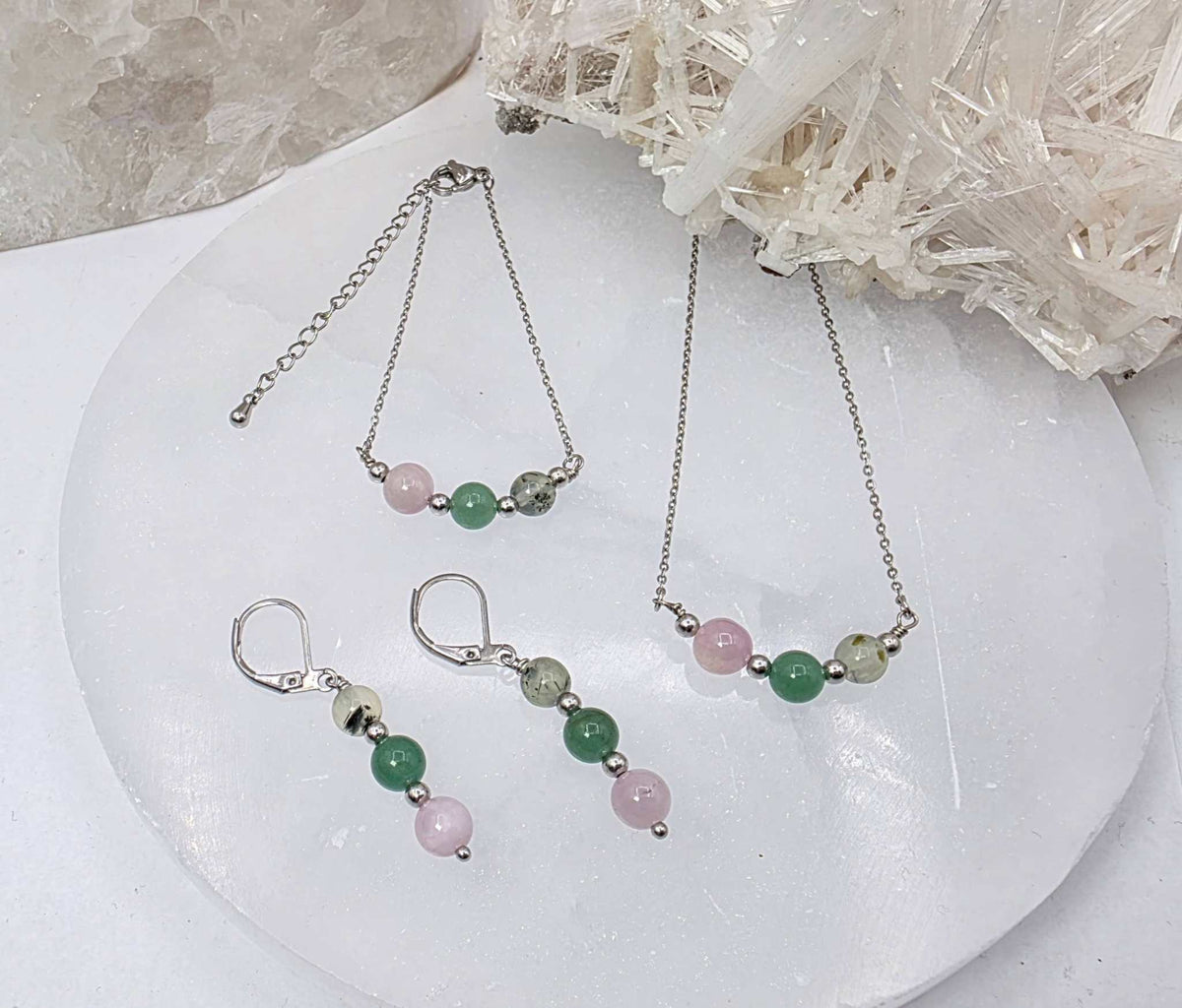 LIDERAR CON AMOR-Conjunto de joyas de kunzita, aventurina verde y prehnita