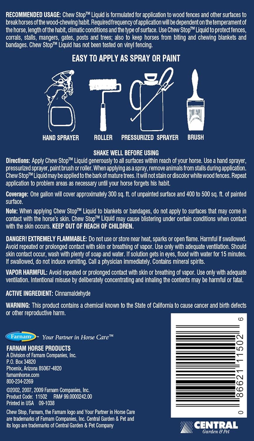Farnam Chew Stop Liquid Horse Chewing Deterrent 64 oz. Cinnamon Cribbing Control