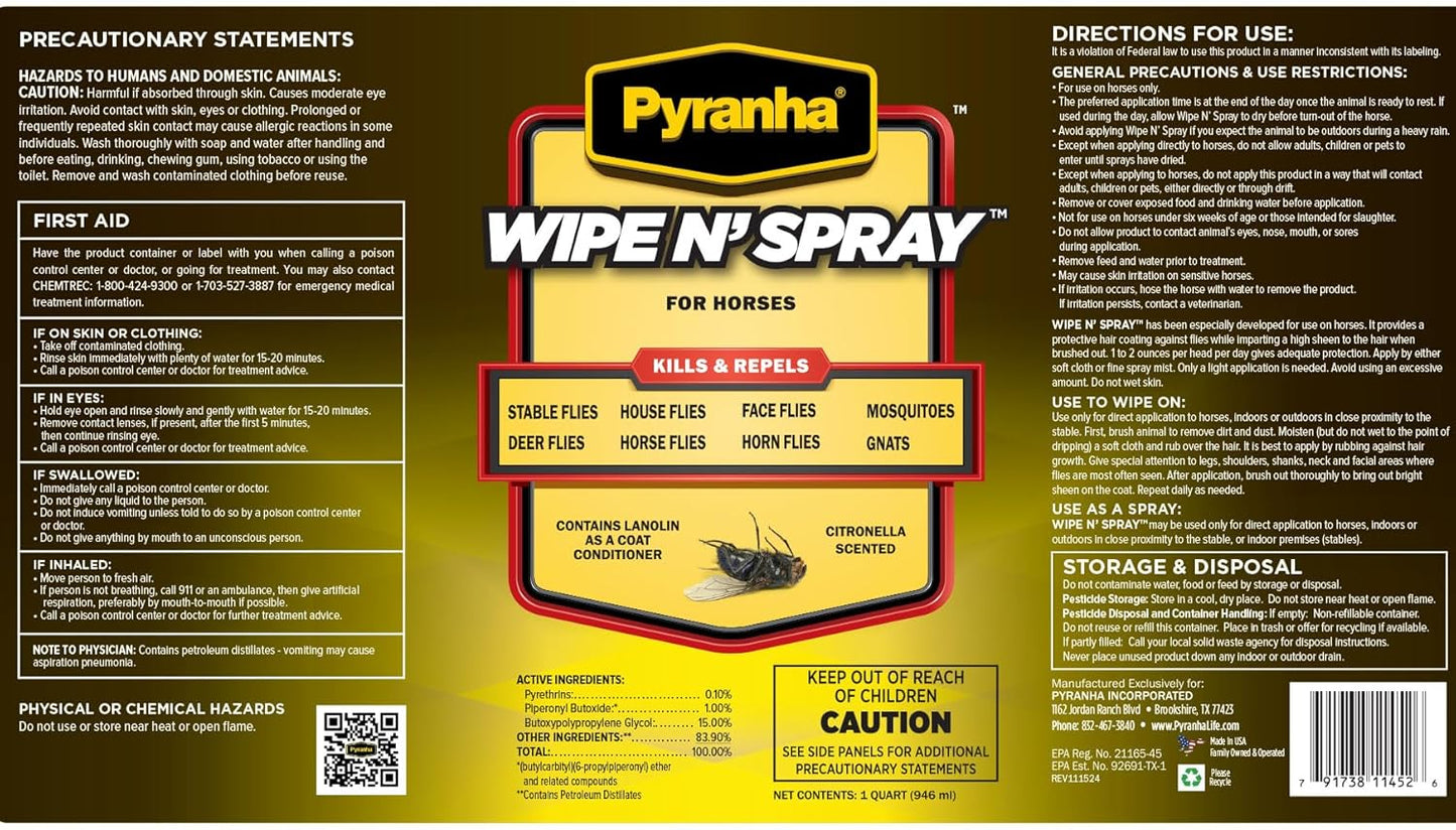 Pyranha Wipe N Spray Fly Repellent for Horses 32 oz. Long-Lasting Insect Control
