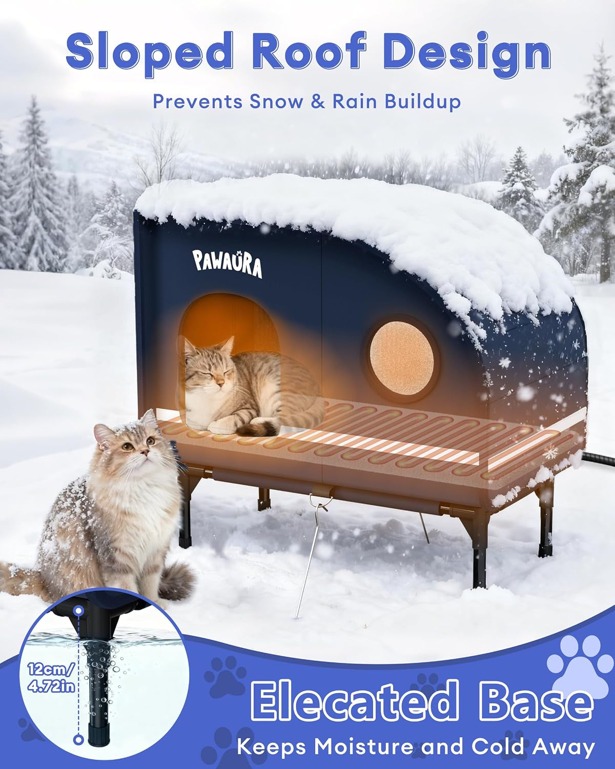 Heated Outdoor Cat House with Thermostatic Pad, 5-Layer Insulation & Skylight (Large, Dark Blue)
