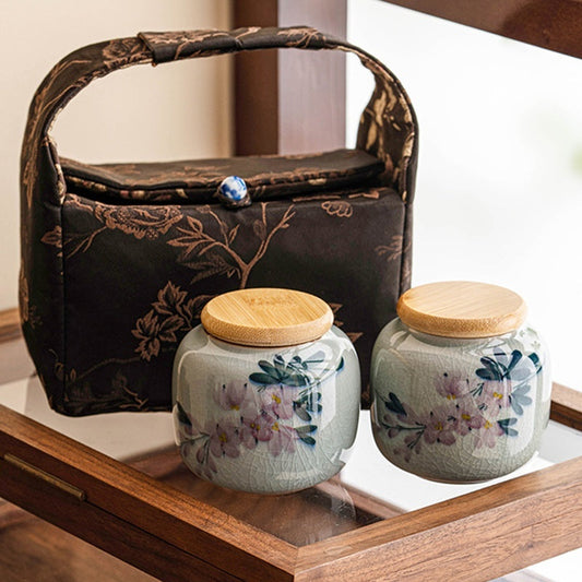 Hand-painted Magnolia Tea Storage Containers and Brocade Bag
