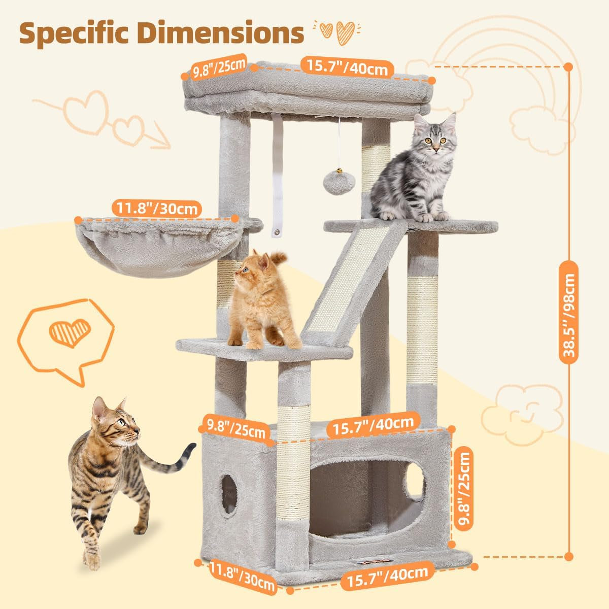 38-Inch Cat Tree for Indoor Cats | Kitten Tower with Condo, Hammock & Perch