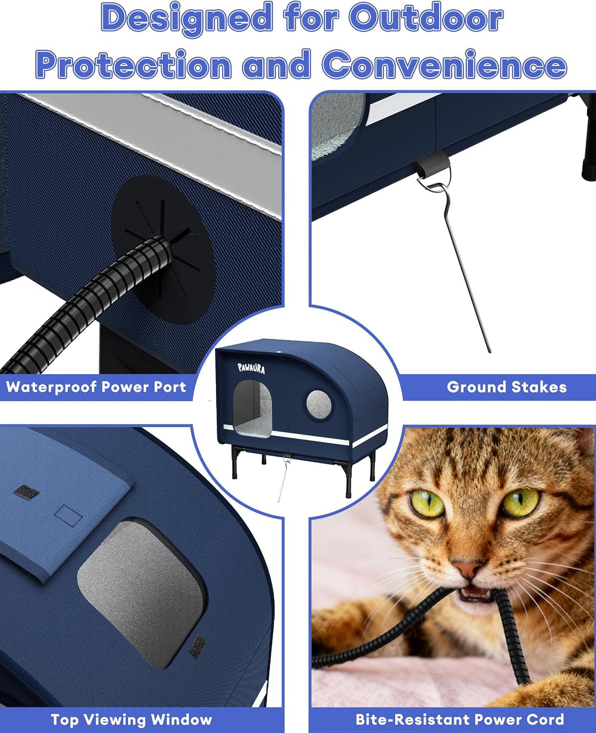 Heated Outdoor Cat House with Thermostatic Pad, 5-Layer Insulation & Skylight (Large, Dark Blue)